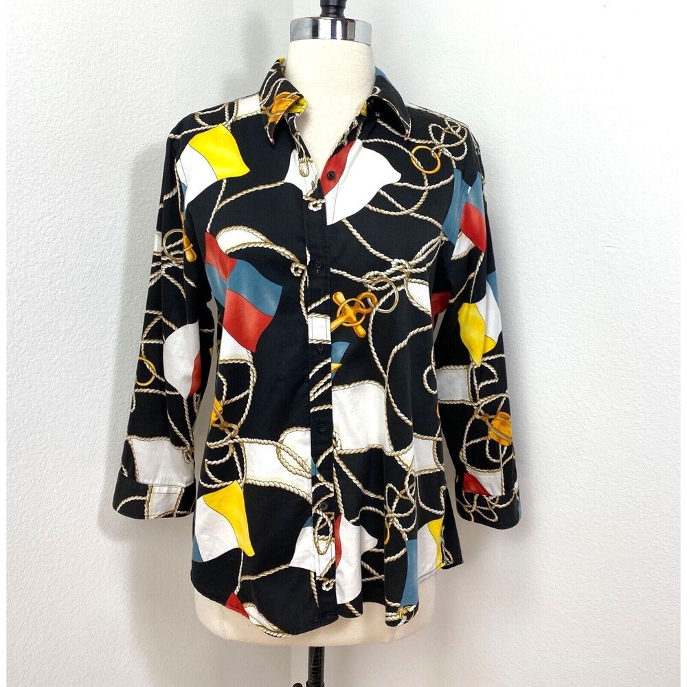 Lauren Ralph Lauren Womens Nautical Blouse Large Black Color Flags Button Front